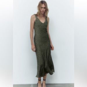 Zara Double V Neck Silk Slip Dress in Polka Dot Print Size Medium